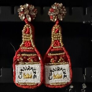 Champagne Bottle Earrings with Red and Gold Beads